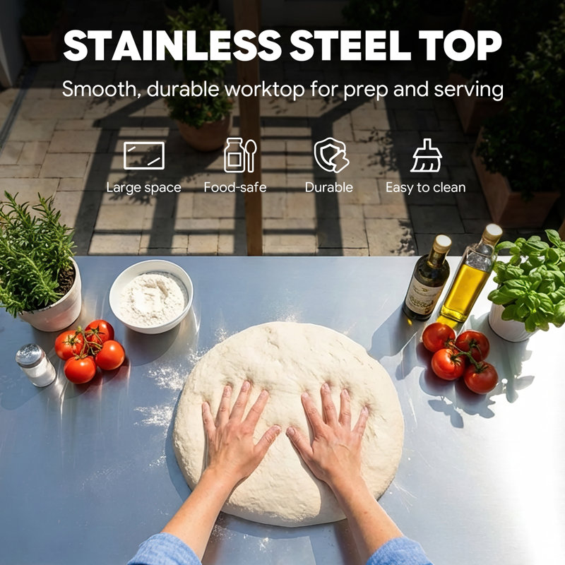 FEASTO Outdoor Kitchen Series 35-Inch Outdoor Grill Cart with Stainless Steel Top, 3-Tier Pizza Oven Table & Rolling Workstation with Adjustable Middle Shelf for Outdoor Kitchen & BBQ