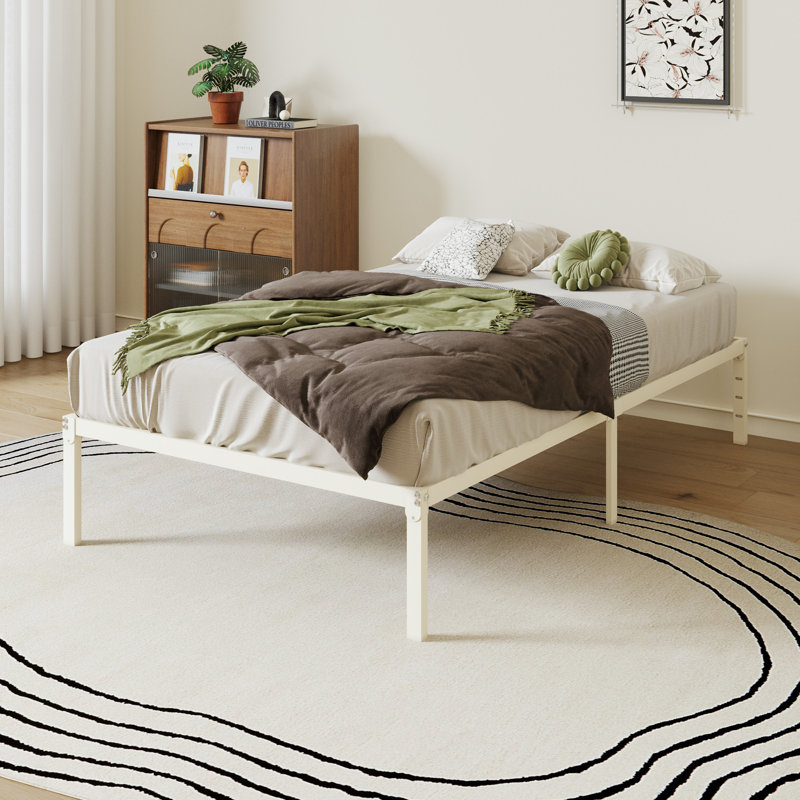 Base de lit plateforme en métal 14 po avec espace de rangement, Lit simple, Beige, 14"