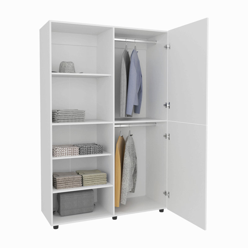Armoire haute autoportante à deux portes avec tringle et tablettes intérieures, garde-robe compacte pour chambre à coucher