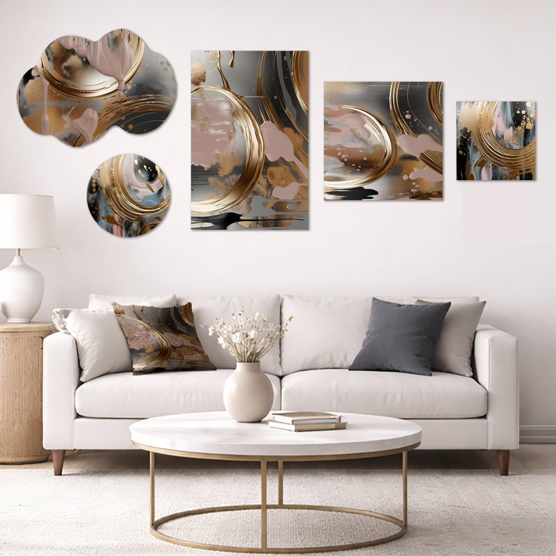 Golden & Pink Infinity Circles I - art mural abstrait grand format, toile encadrée et ensemble de 5 pièces en métal (100 po x 40 po)