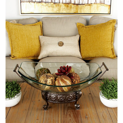 Aleiha Tempered Glass Kitchen Clear Serving Bowl with Brown Metal Scroll Base