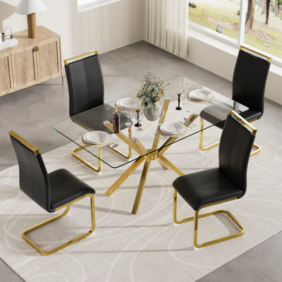 Modern 47in Glass Dining Table & 4 High Back Fabric Chairs Set, Silver/Black/Gold Metal Legs for Kitchen Dining Room