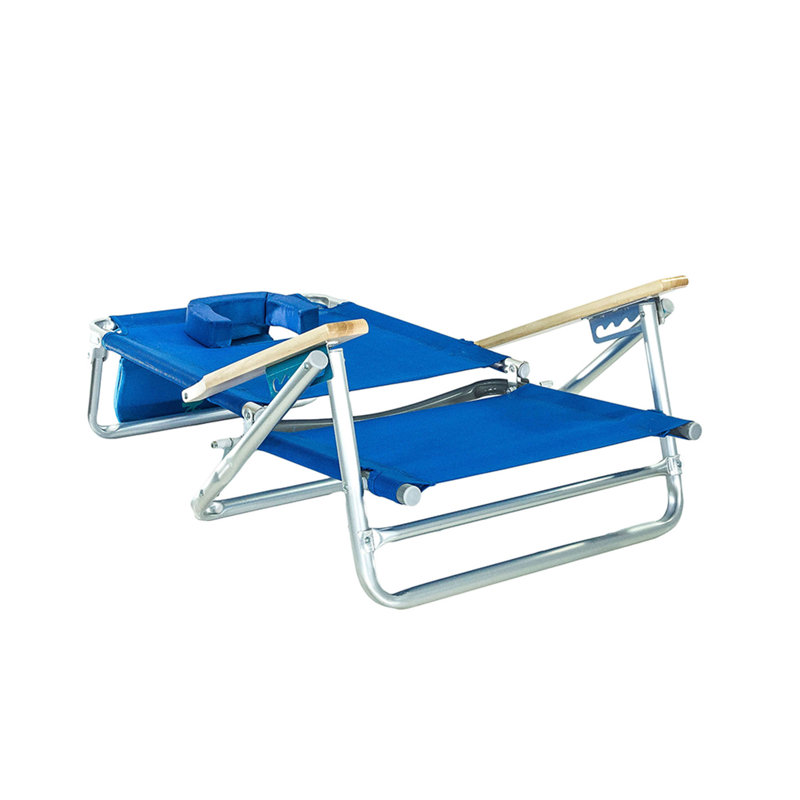 Blue Aluminum 5-Position Beach Chair with Wooden Armrests