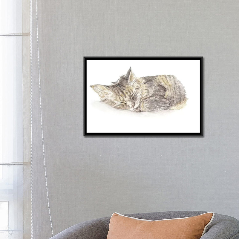 « couching gray chat »-impression sur toile tendue, H 18 po x l 26 po x P 1,5 po, Toile avec cadre noir, Pas de tapis