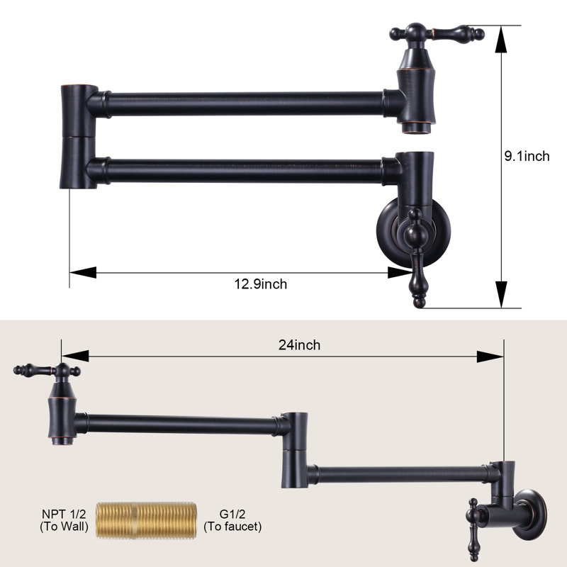 ARCORA Wall Mounted Pot Filler Brass Folding Kitchen Faucet with 2 Handles, Oil Rubbed Bronze