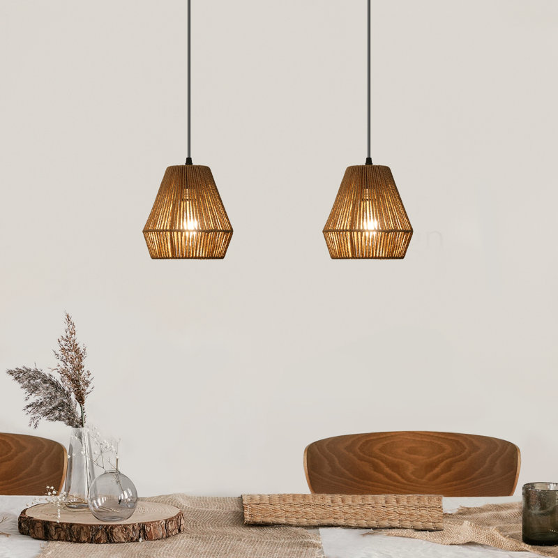 7.09 in. 2 Pack Boho Mini Rattan Pendant Light, Natural/Matte Black