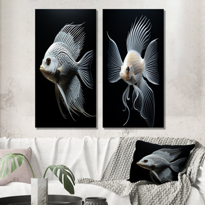 «Oceanic Minimalist» noir et blanc papillon poisson I - poisson papillon, ensemble de 2 impressions sur métal