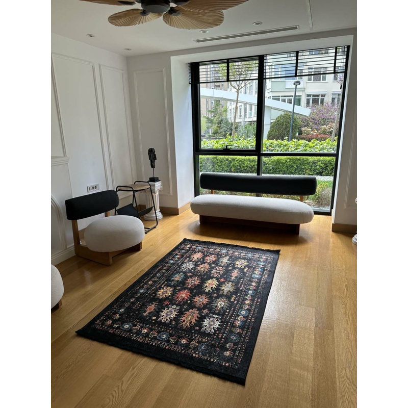 Coton imprimé marocain noir Toscana; Tapis chenille antidérapant, Rectangle 3 pi 3 po x 14 pi 9 po