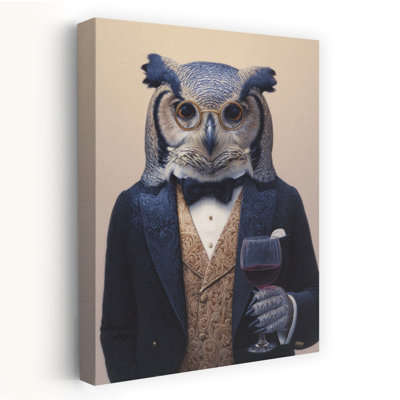 Owl In Midnight Blue Tuxedo Surreal Contemporary Bird Owl Forest Wall Art Print 1 Piece Wrapped Canvas Wall Art