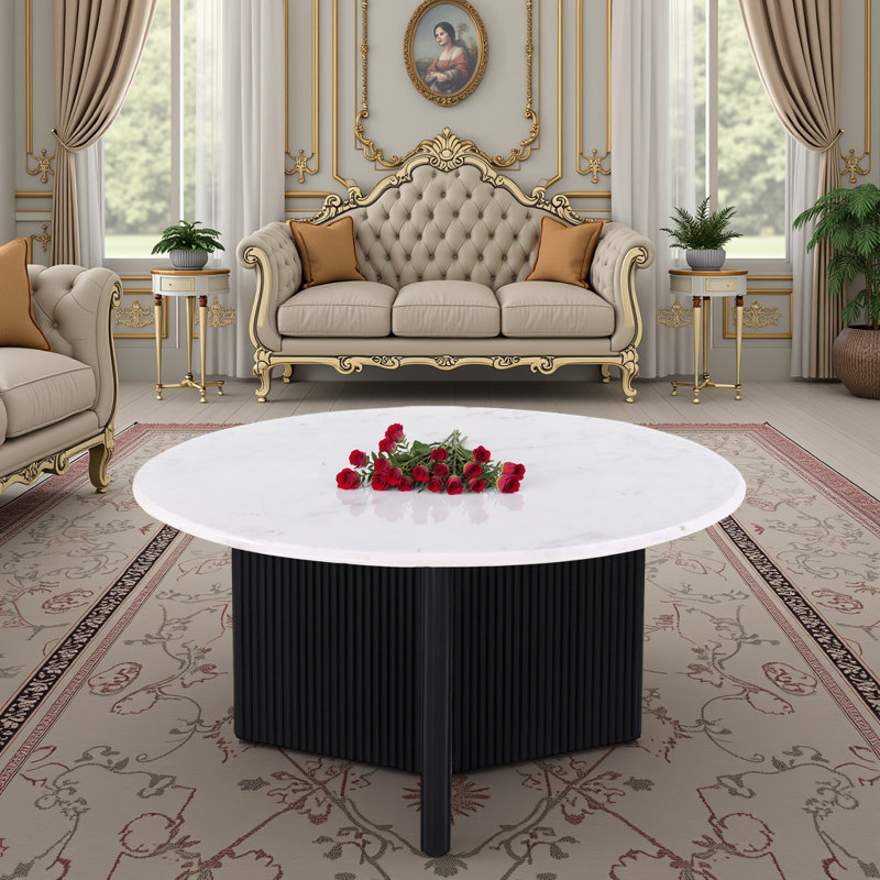 Table basse 31 "en marbre moderne avec plateau en marbre blanc et base en bois de manguier noir