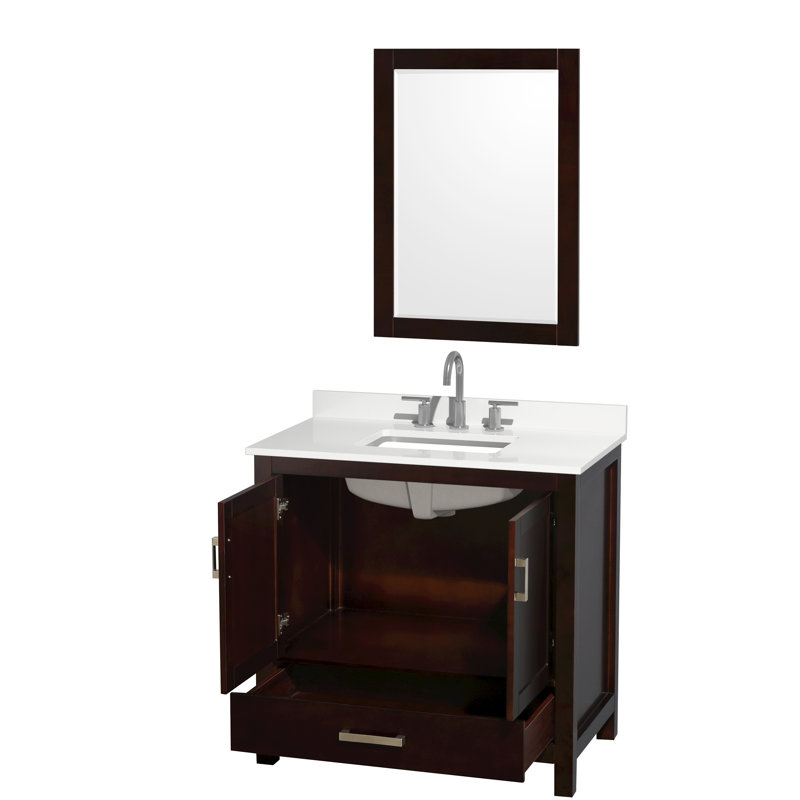 Ensemble de meuble-lavabo simple 36 po avec plateau en quartz et miroir 24 po Sheffield, Quartz blanc, Brun, Chrome