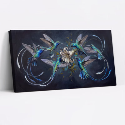Iridescent Blue Hummingbirds Around Cream Flower Canvas Wall Art