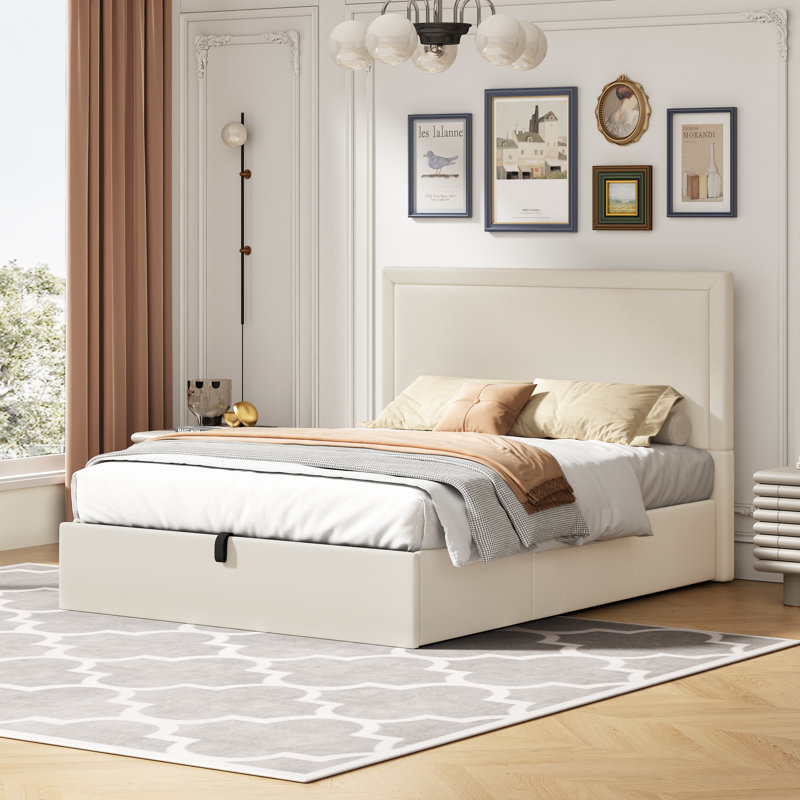 Lit de rangement rembourré hydraulique Yamada, Beige, Grand