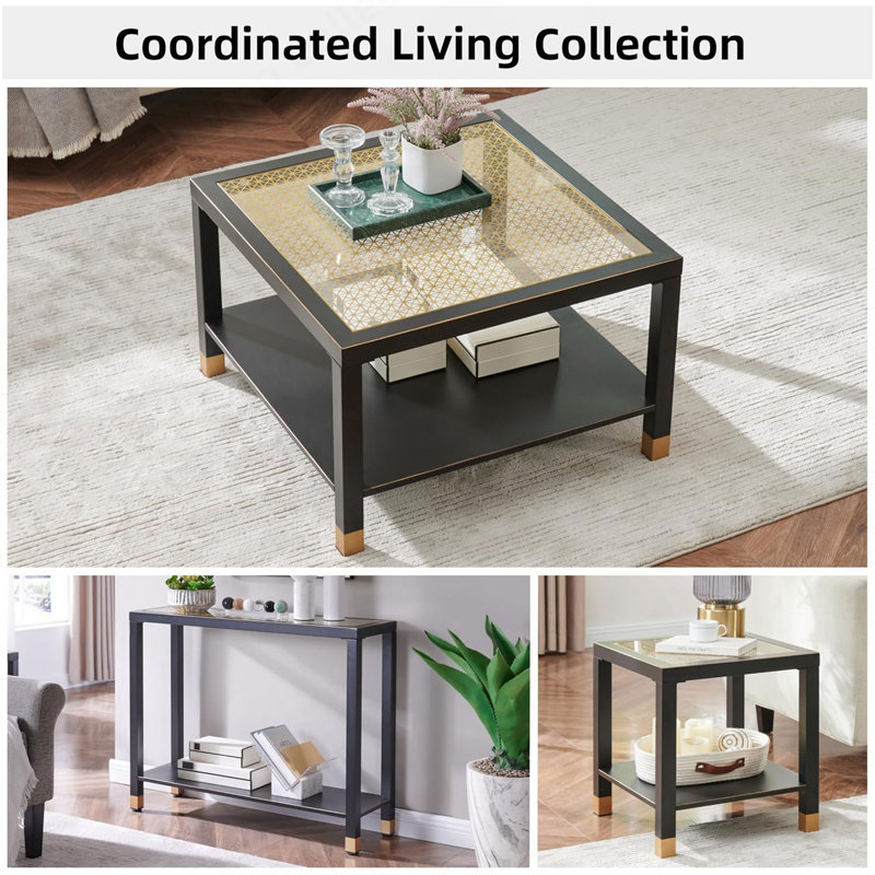 Table basse industrielle carrée - structure en acier noir mat 27,6 po et plateau en verre doré