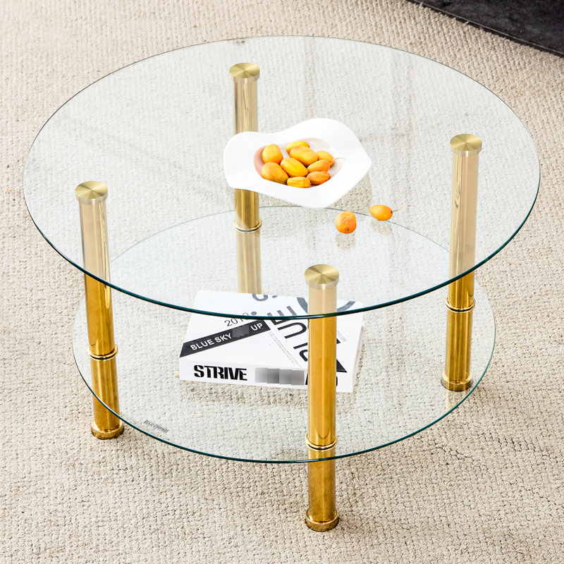 Table moderne en verre trempé double couche, dessus de 27,5 po et 23,6 po, pieds en métal doré, espace de rangement minimaliste