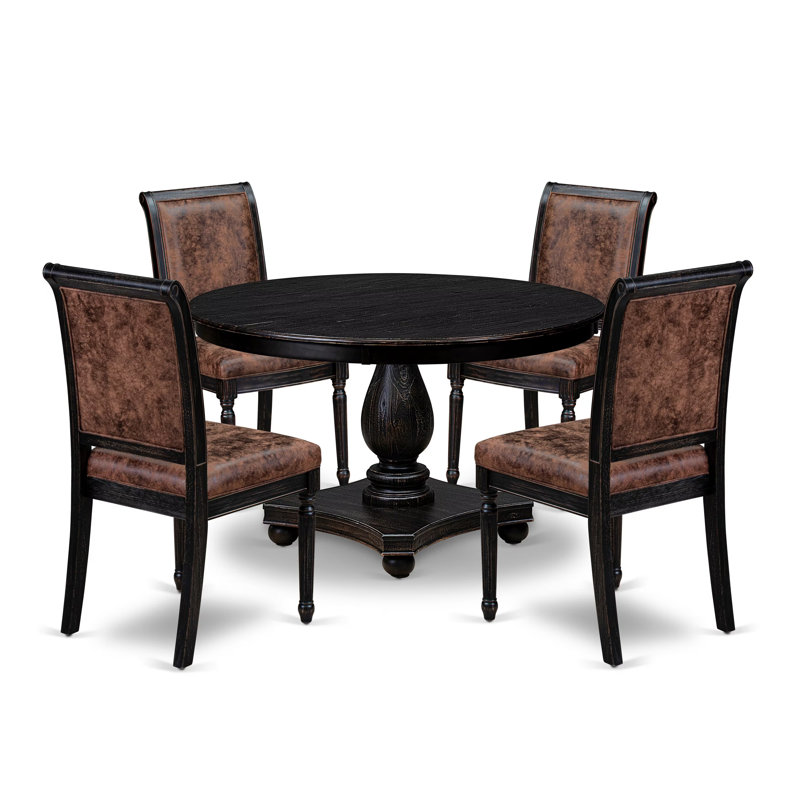 Ensemble de cuisine 5 pièces avec 4 chaises de salle à manger en polyester texturé brun, dossier haut et table de petit-déjeuner au fini noir sablé.