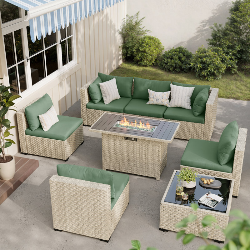 8-Piece Patio Conversation Set With Fire Pit Table, Coffee Table, And Cushions, Green