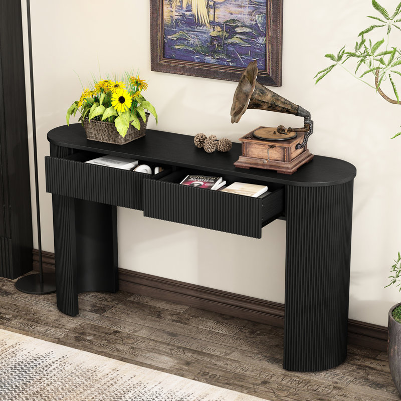 Console noire cannelée pour le vestibule, rangement pour petits articles à 2 tiroirs, surface ovale, entrée courbée de style colonne avec rangement dissimulé pour les articles du quotidien, les pieds et les articles