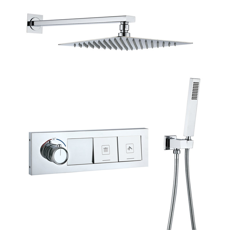 Thermostatic Shower System 12" Rainfall Shower Head with Digital Display, Rough-in Valve, Polished Chrome