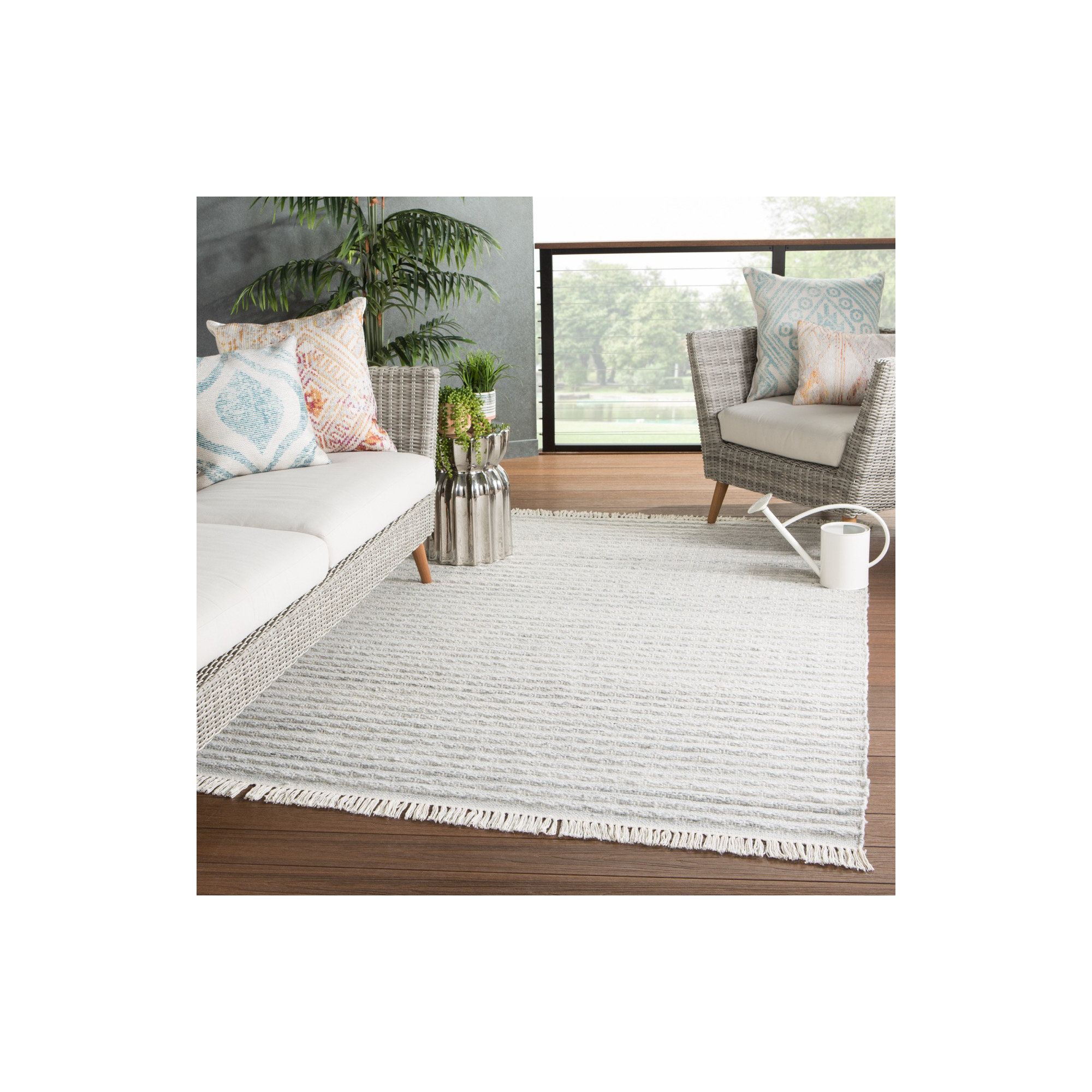 Graham Handmade Recycled P.E.T Neutral Gray/Glacier/Gardenia Indoor/Outdoor Rug, Rectangle 6' x 9'