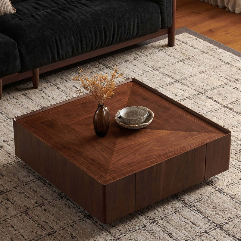 Table basse moderne carrée pour espaces de vie compacts avec grain de noyer et tiroirs de rangement