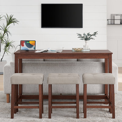 59 Inch Dining Table With Integrated Charging Hub, 3 Linen Upholstered Stools, 4 - Piece For Room Industrial Durability, Scratch Surface, Foot Pads Ac Power Outlets, Bar Home Solid Wood Construction,