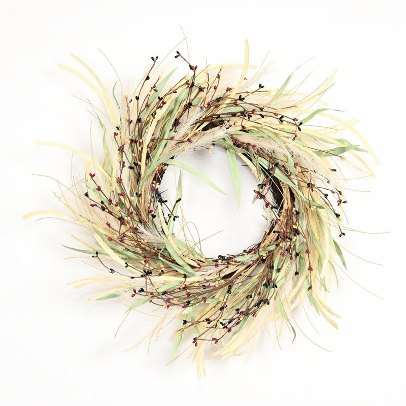 Couronne de 24 po avec rameau artificiel rustique, baies, pampas, automne, récolte, porte d'entrée, couronne, décoration de l'Action de grâce
