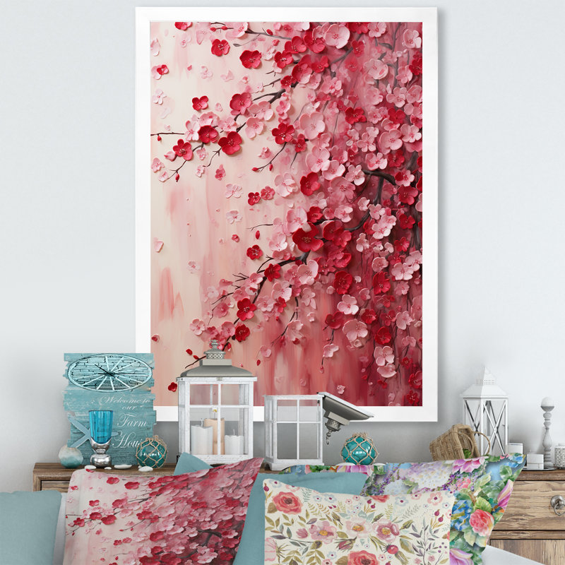 Cerisier rose en fleur 4 - Art mural cerise, Cadre simple blanc, H 44 po x l 34 po x P 1,5 po