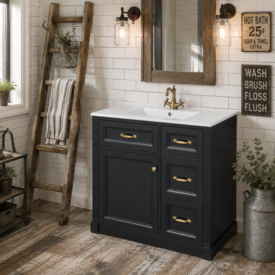 Meuble-lavabo sur pied 36 po avec lavabo en céramique, 4 tiroirs et porte à fermeture en douceur, finition noire, bois massif et panneau de fibres à densité moyenne 36 po