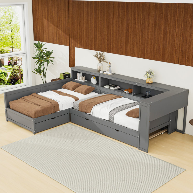 Platform Bed with Trundle, Drawer, Built-In Storage Shelves and Charging Station, Grey