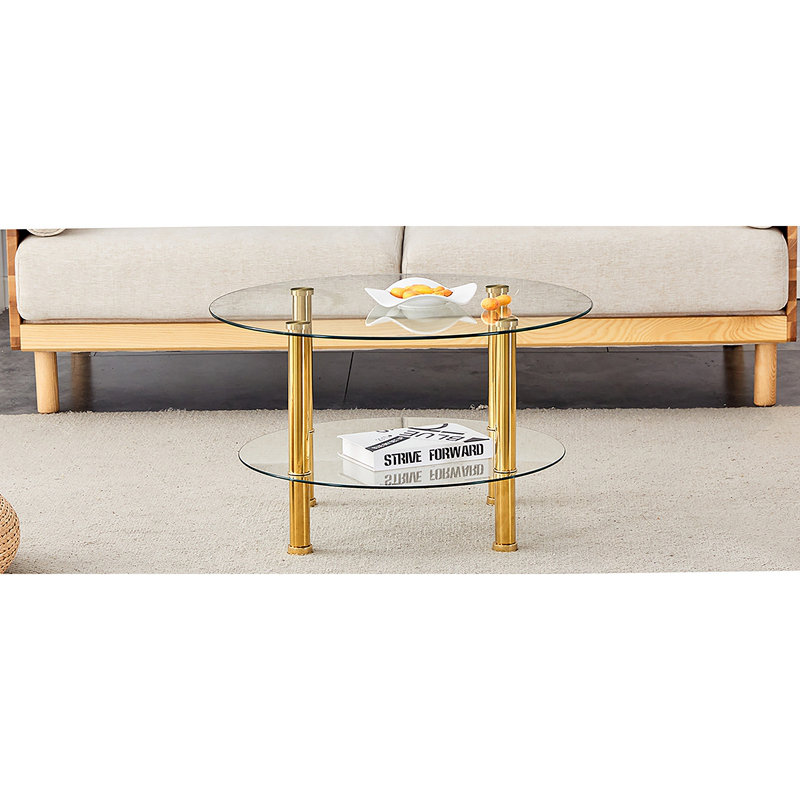 Contemporary Minimalist Double Layer Tempered Glass Coffee Table - 27.5" Top and 23.6" Bottom.Reinforced Glass Tabletop,Stainless Steel Golden Plated Legs.