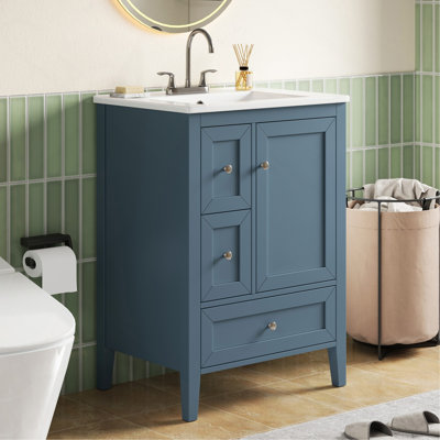 24" Modern Blue Gray Bathroom Vanity with Ceramic Sink, Solid Wood Legs, Soft-Close Drawers & Door, Storage Rack, Painted Surface Finish