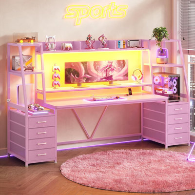 Bureau d'ordinateur 79 pouces avec 8 tiroirs et prises de courant, bureau de jeu rose avec huche, support pour écran, tablettes de rangement, grand poste de travail pour PC, bureau à domicile pour la chambre à coucher