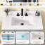 Plan de toilette en surface solide de 76 cm (30 po) de largeur × 56 cm (22 po) de profondeur, avec lavabo central simple intégré, comptoir de salle de bain blanc, dosseret de 9 cm (3,5 po) et 3 trous pré-percés pour robinetterie à entraxe de 20 cm (8 po).