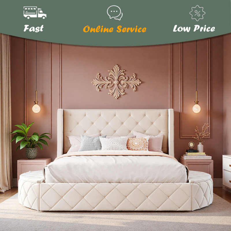 Lit plateforme tapissier en velours avec tête de lit à oreilles, 1 grand tiroir et 2 tabourets de rangement latéraux, Beige