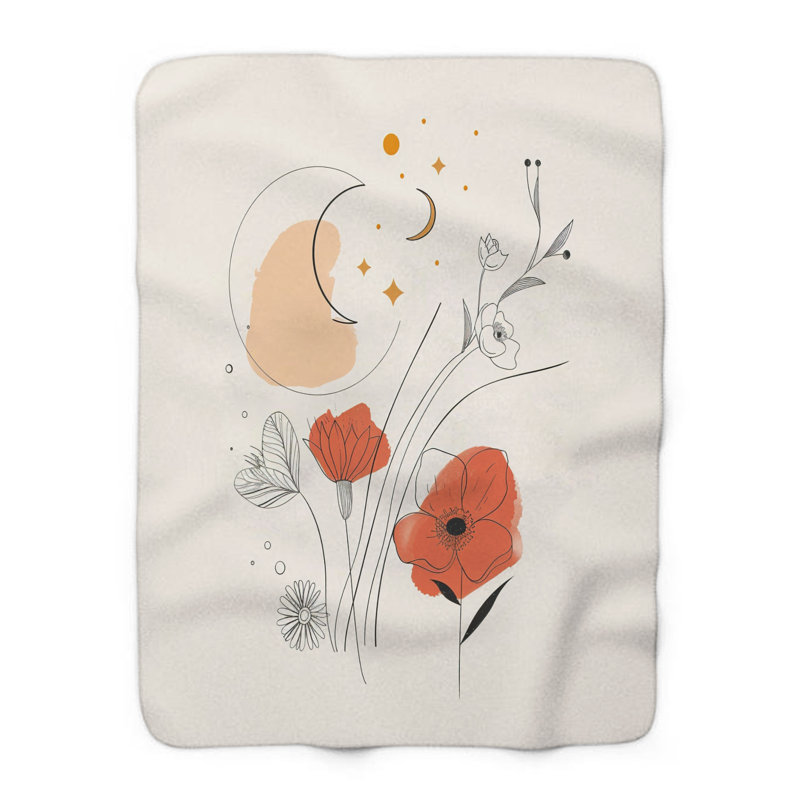 Simple Boho Flower Lines - couverture sherpa de qualité supérieure 1 pièce - reproduction d'art luxueuse, Lit simple