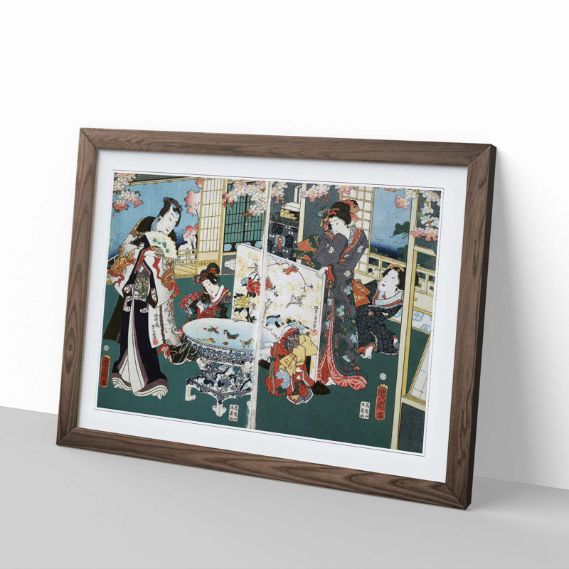 Scene in a Villa by Toyohara Kunichika - Picture Frame Painting Print, 48cm H x 65cm W x 2cm D, Walnut Framed