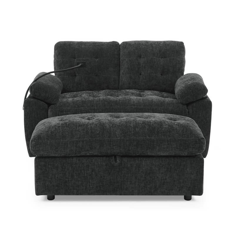 Le fauteuil de loisir, le fauteuil inclinable double, avec dossier réglable manuellement, les accoudoirs rembourrés, le port de chargement USB latéral et le support pour téléphone, sont livrés avec un repose-pieds de rangement assorti