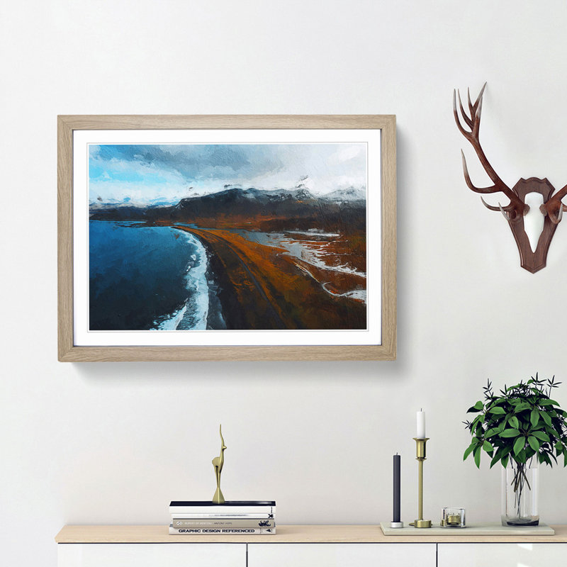 Black Sand Beach in Iceland - Picture Frame Painting Print, 27cm H x 36cm W x 2cm D, Oak Framed