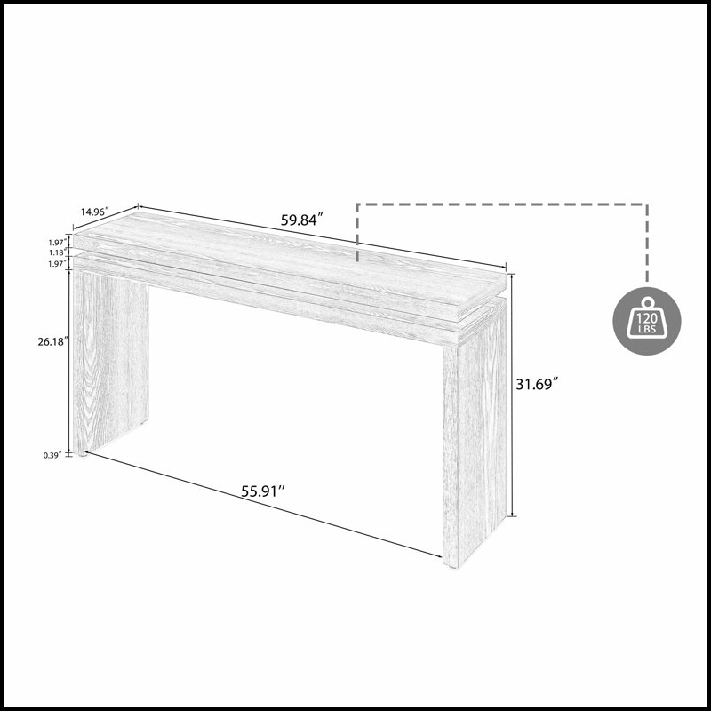 Console en bois massif 60 po avec panneau de suspension double en bois massif et panneau de fibres à densité moyenne de 60 po, idéale pour les vestibules et les salons