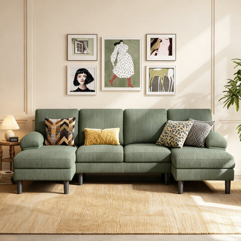 Trego 105'' Upholstered U-Shaped Symmetrical Sectional , Green Corduroy