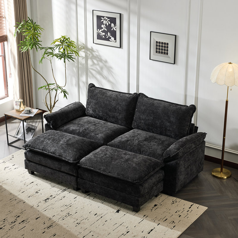 86.2'' W Double Layer Cushion  Chellie Loveseats With Two Ottoman, Black