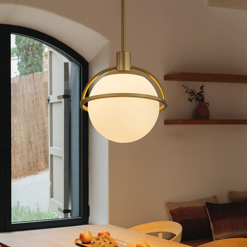 Gladi 1-Light Modern Dimmable Single Globe Pendant Light with Opal Glass Shade, Gold, 11.02" H x 9.65" W x 9.65" D