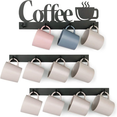 Coffee Mug Wall Rack, Coffee Cup Holder Wall Mounted with 12 Hooks | Metal Coffee Sign, Space-Saving Cup Display