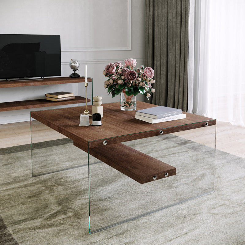 Modern Coffee Table, Walnut Color, 29.5 x 15.7 x 29.5 inches | 100% Pine Solid Wood with 8 mm Thickness | Durable 100% Tempered Glass Frame | Max Weight Capacity: 66 lbs | Stylish Design for Living Room & Contemporary Spaces