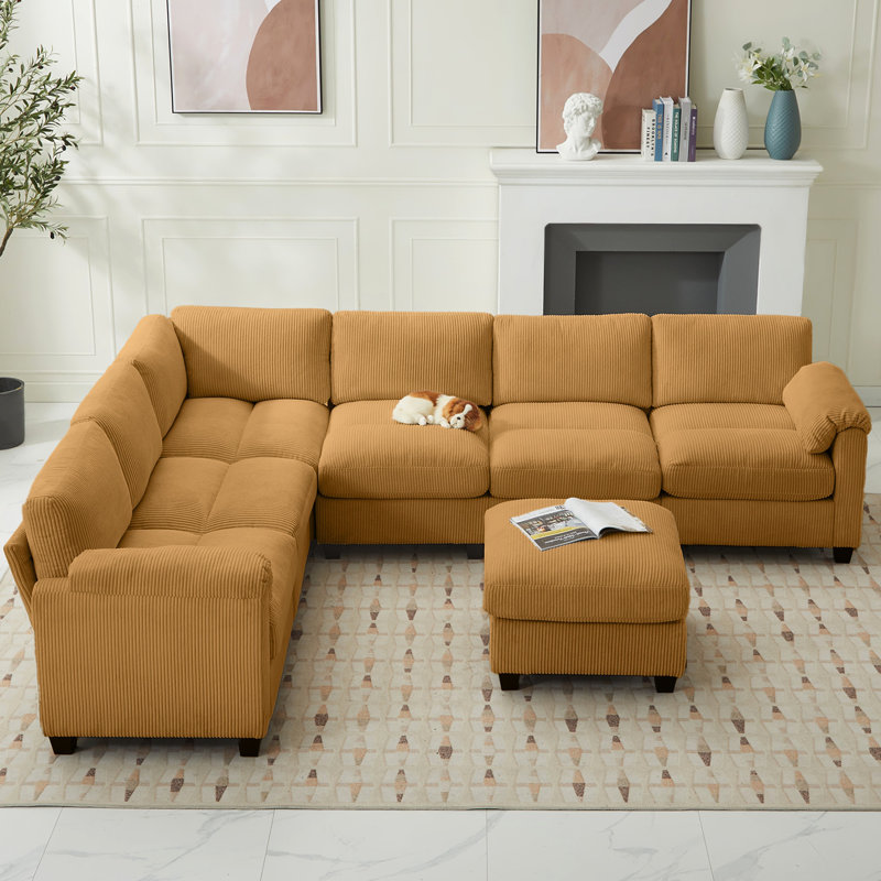 7-Piece Upholstered Corduroy Sectional, Yellow