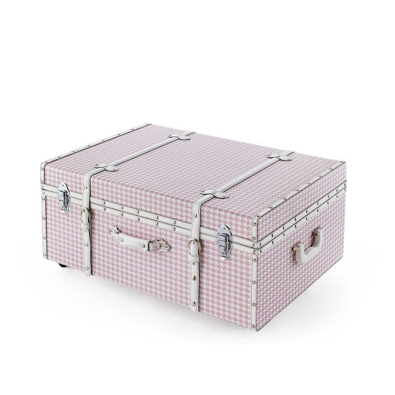 Preppy Houndstooth Designer Trunk with Wheels, Pink