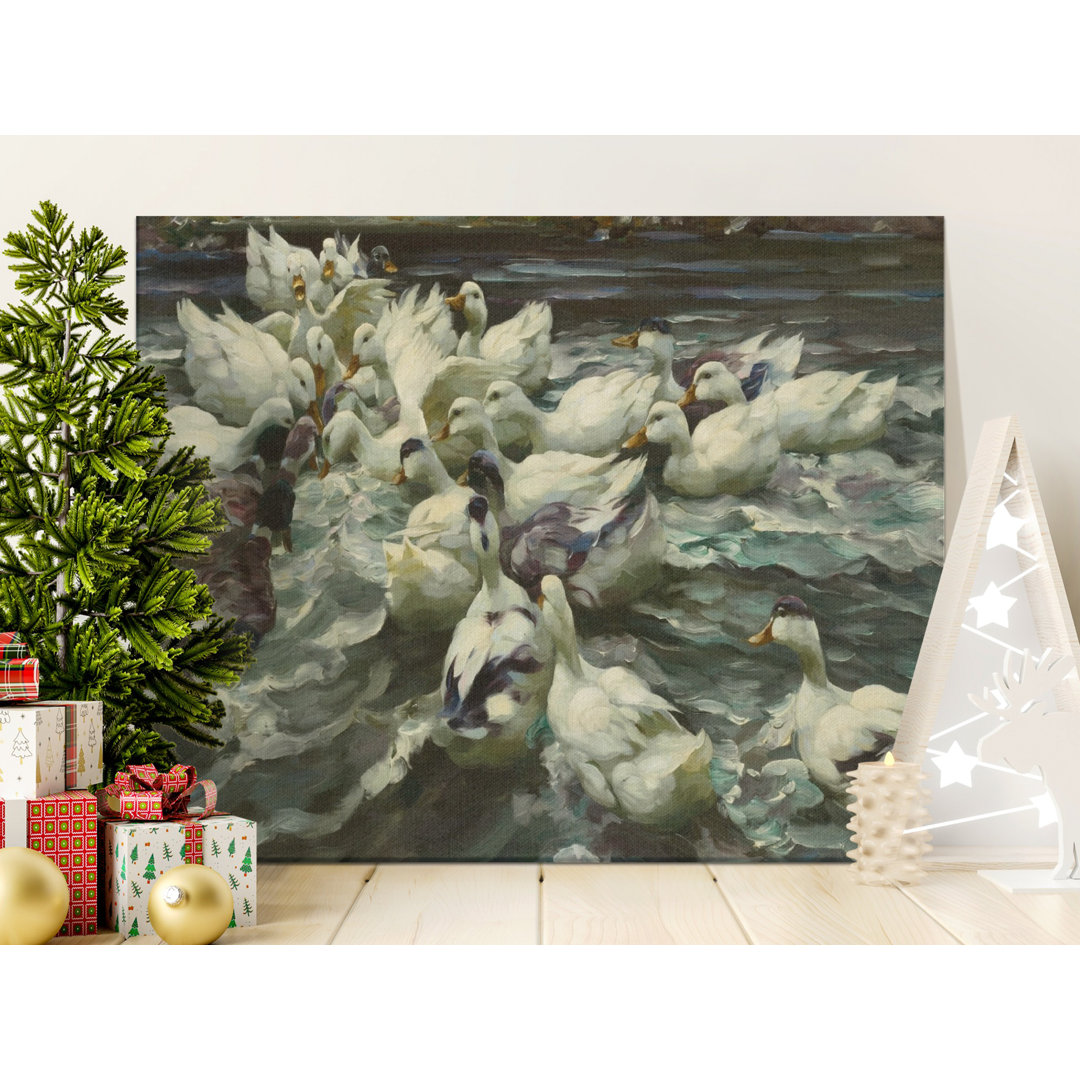 Duck Pond Canvas Wall Art, White Ducks Painting, Gallery Wrapped Canvas Print, Ready to Hang, Archival Quality, Farmhouse Decor
