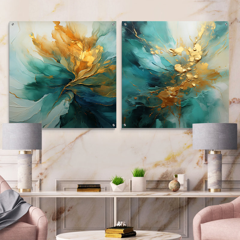 Or et sarcelle aurore harmonie - spirales abstraites acrylique ensemble d'art en verre de 2, H 36 po x l 73 po