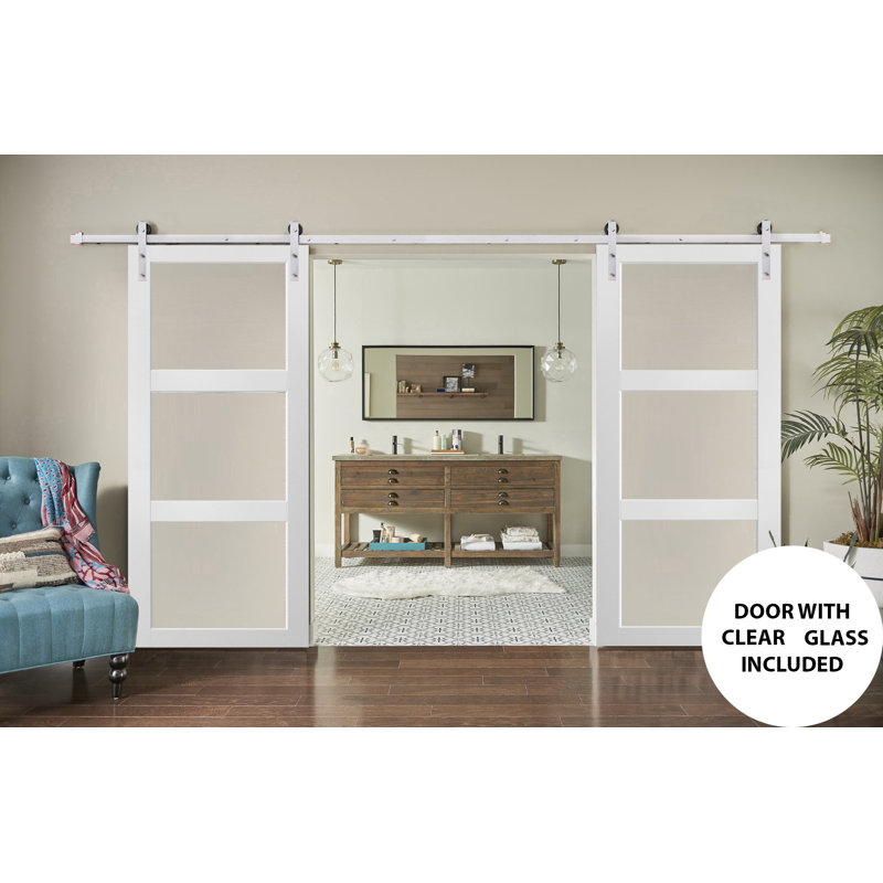 Portes de grange en verre transparent Lucia avec ensemble de quincaillerie d'installation, 64 po x 96 po